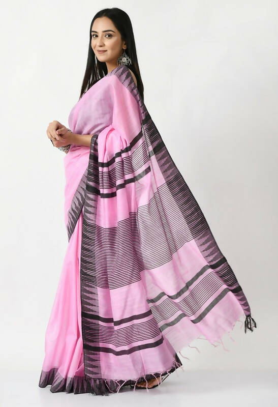 Mominos Fashion Moeza Baby Pink Bhagalpuri Handloom Silk Black Temple Border Saree with unstitched Blouse piece