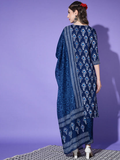 Vamika Poly Rayon Printed Royal Blue Party Wear/Casual Wear/Office Wear Kurta Set/Suit