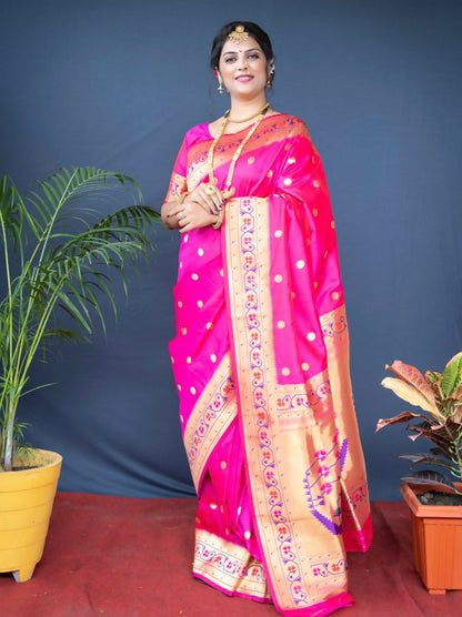 Jyoti Fashion Women's Pink Paithani Silk Zari Woven Saree with Blouse
