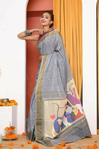 Very Much Indian Handloom Grey Cotton Paithani With Radha Krishna Pallu