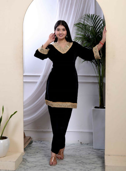 Miravan Women's Black Velvet Dreams Embroidered Co-ord Set