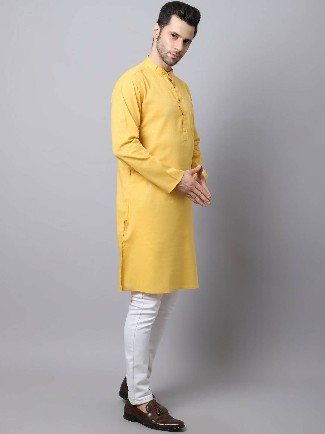 Even Apparels Yellow Pure Cotton Men's Kurta With Band Collar (SLD1183)