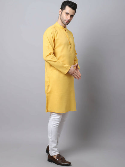 Even Apparels Yellow Pure Cotton Men's Kurta With Band Collar (SLD1183)