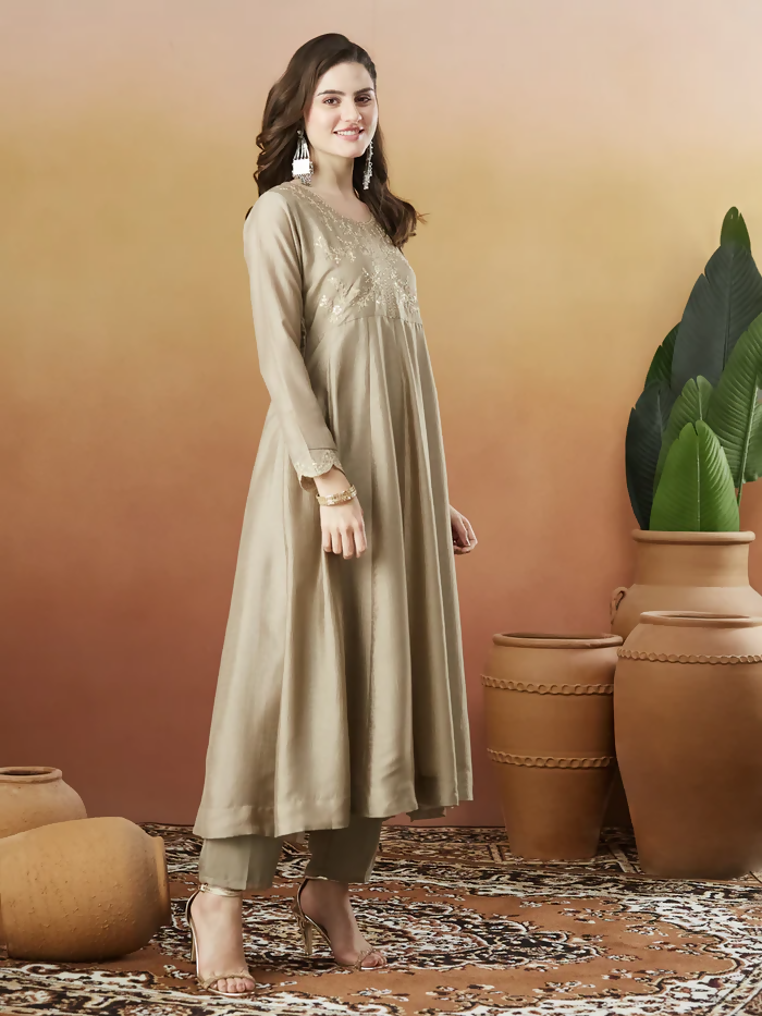 The52 Chiku Women's Beautiful Vichitra Silk Fabric Embroidered Work Flared Anarkali Pant and Dupatta Set