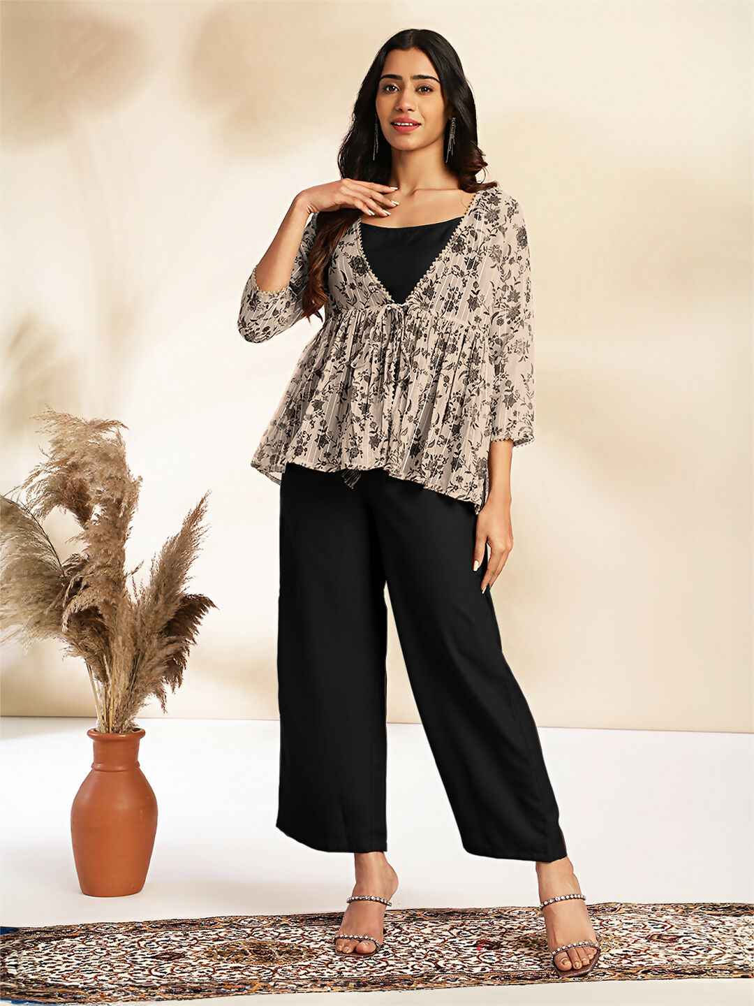 Janasya Black Crepe Solid Top,Bottom & Jacket