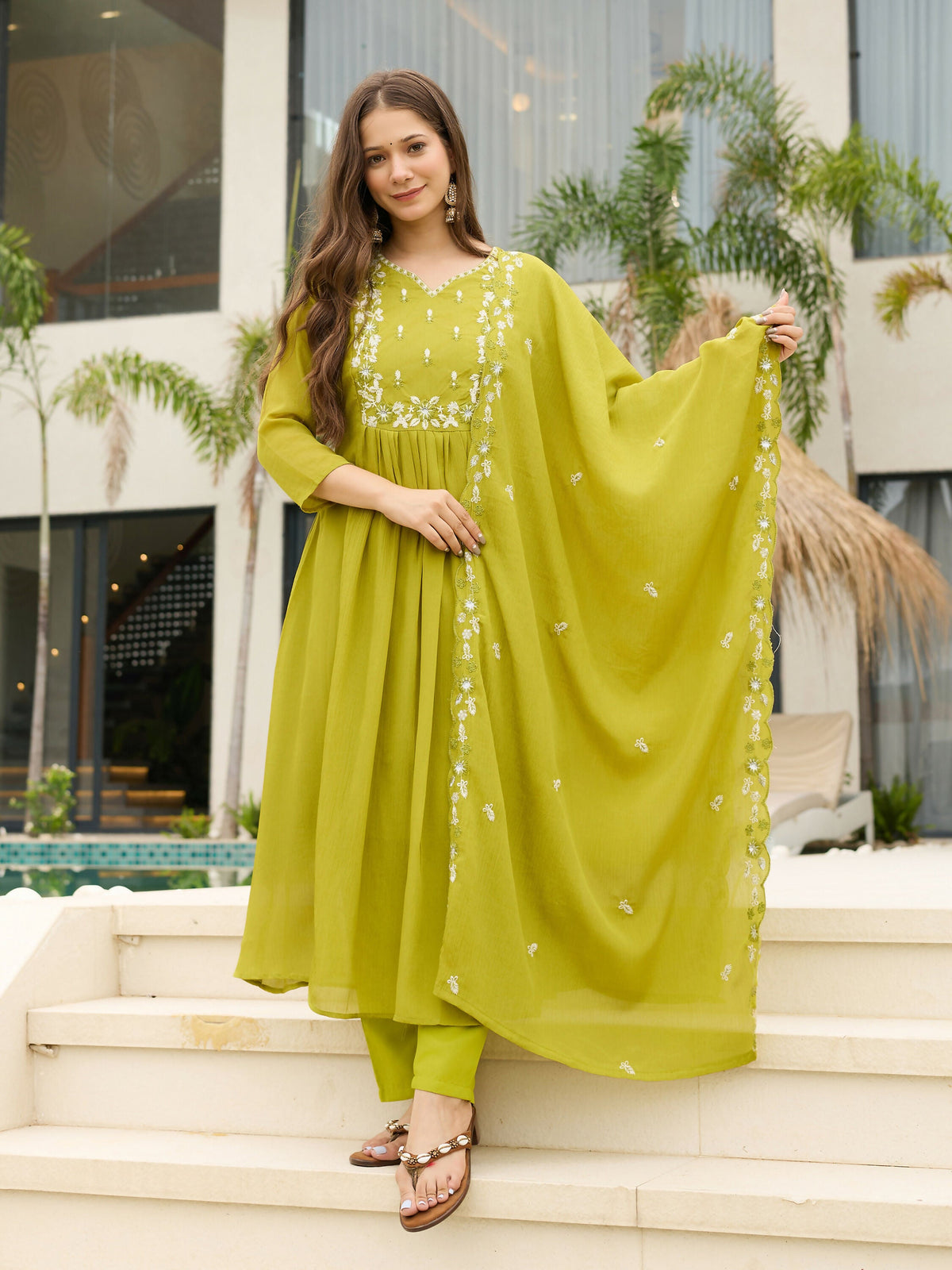 The52 Lemons Women's Gorgeous Chinon Embroidered Flared Kurta with Pant And Dupatta Set