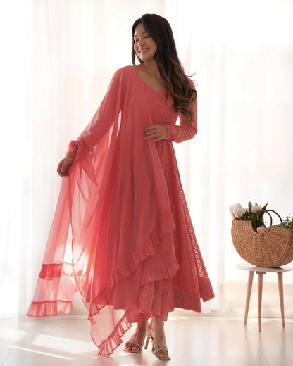 Joban Fashion Peach Kurta Set Georgette Sequence Embroidery Work