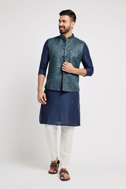 Ethnic India Navy Blue Bundi Men's Jacket Geometric Polyester