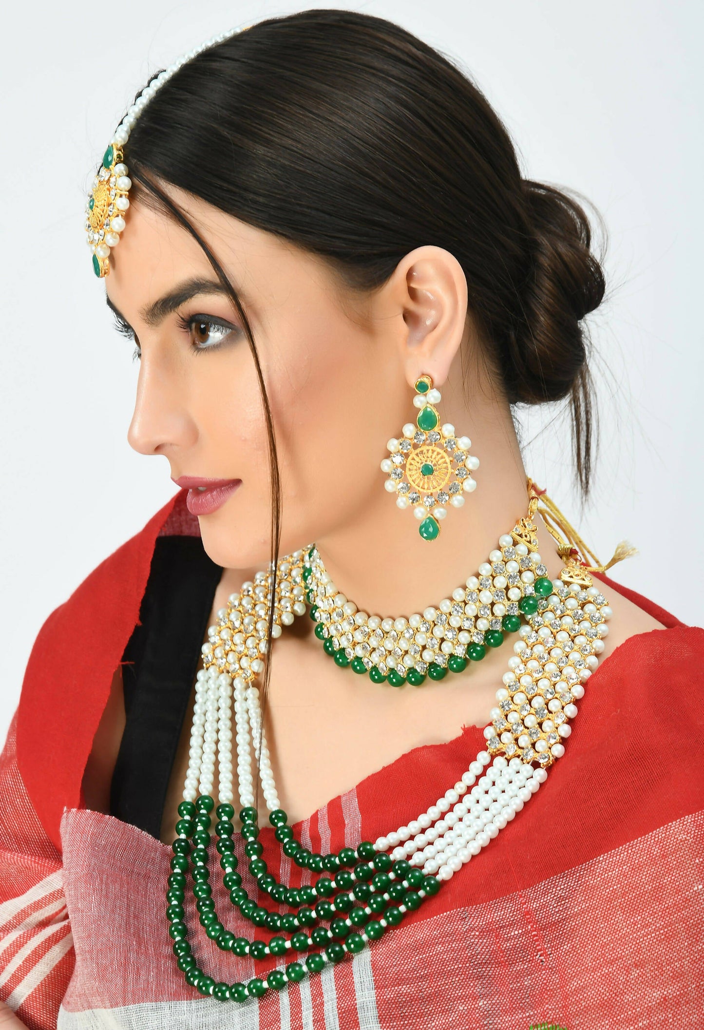Mominos Fashion Johar Kamal Gold-Polished Rani Haar with Cream Green and Off white Pearls Jewellery Set