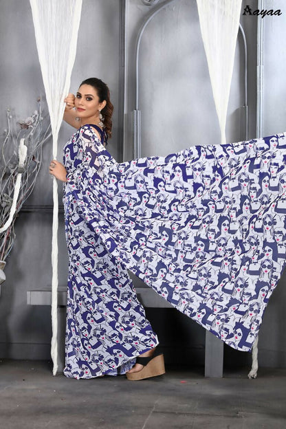 Aayaa Designer Printed Georgette Saree - Multi Color