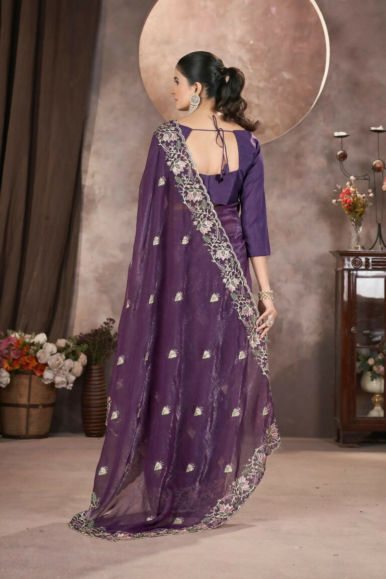 Vastranavya Gold Crunchy Multi Colour Threads Embroidery Work with Sequins Work Saree with Blouse material - Purple