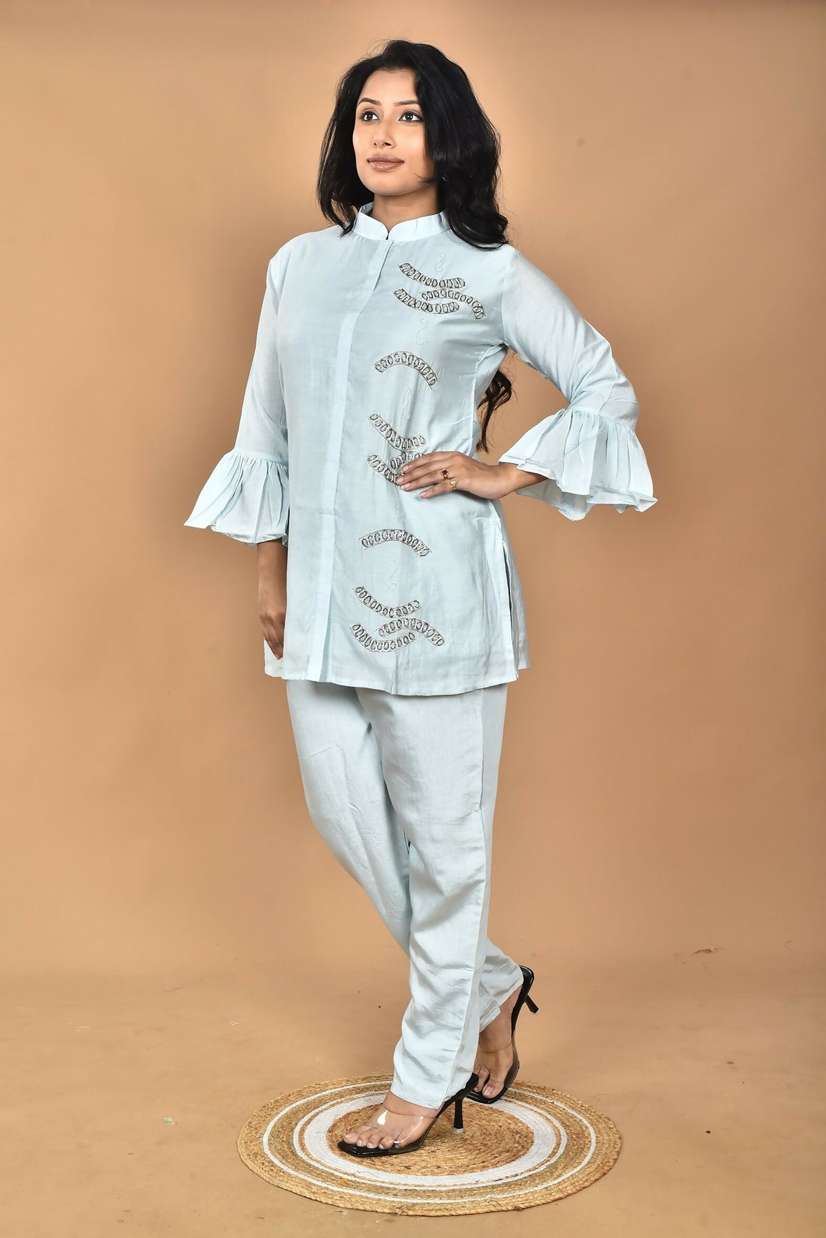 Morchari Women Hand Embroidery Co-Ords-Light Blue