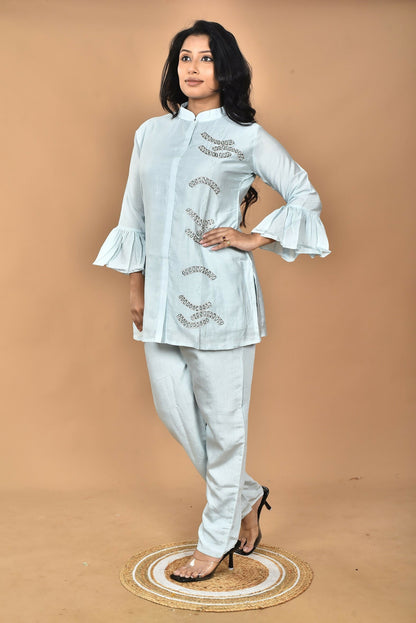 Morchari Women Hand Embroidery Co-Ords-Light Blue