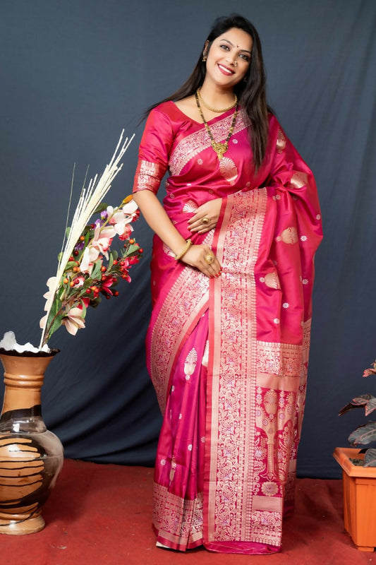 Jyoti Fashion Women's Gajri Red Paithani Silk Zari Woven Saree with Blouse