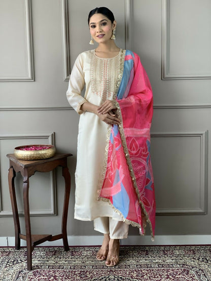 White Viscose Chanderi Stitched Suit With Dupatta - Tanisha