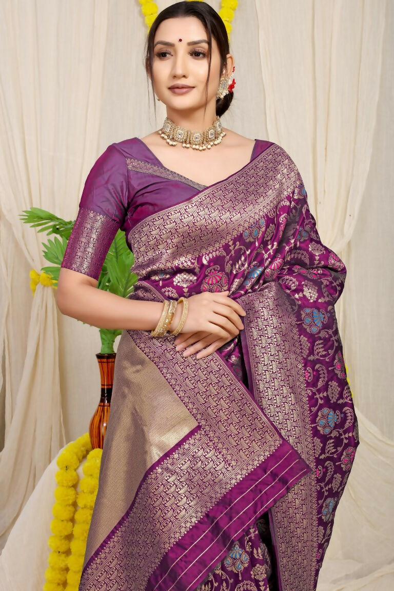 Jyoti Fashion Women's Wine Kanjivaram Silk Zari Woven Saree with Blouse