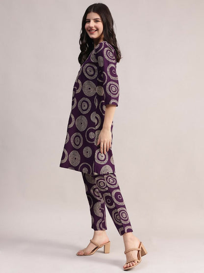 Aavyora Women's Purple Abstract Printed Pure Cotton Co-ord Set