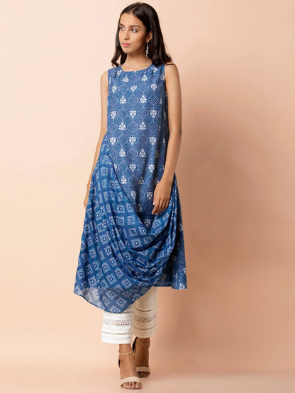 Indya Blue & White Printed A-Line Kurta