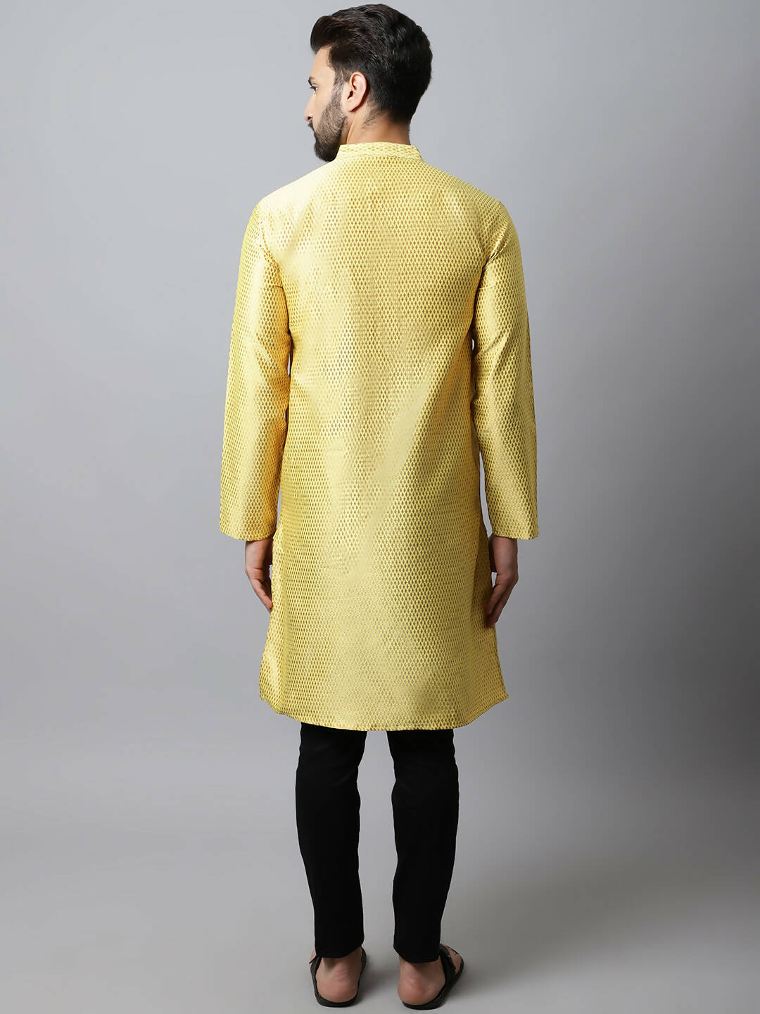 Even Apparels Yellow Color Art Silk Banarsi Silk Men's Kurta With Band Collar (BS017)