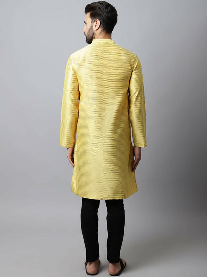 Even Apparels Yellow Color Art Silk Banarsi Silk Men's Kurta With Band Collar (BS017)