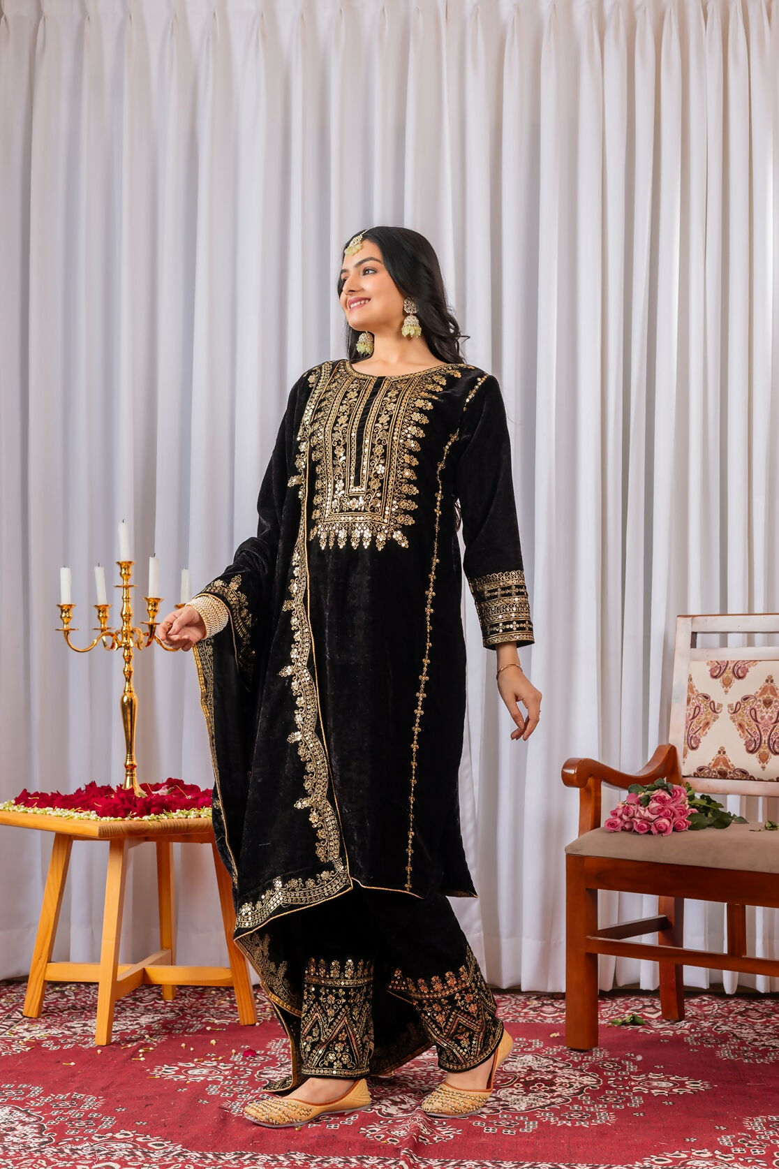 Joban Fashion Black Velvet Sequence Embroidery Work Kurta Set