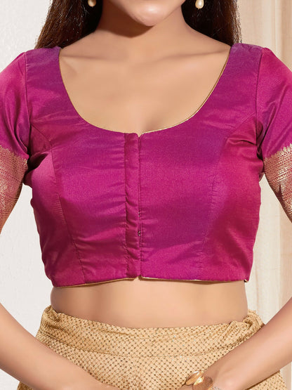 Joban Fashion Purple Taffeta Silk Padded Blouse With Round Neck Elbow Sleeves