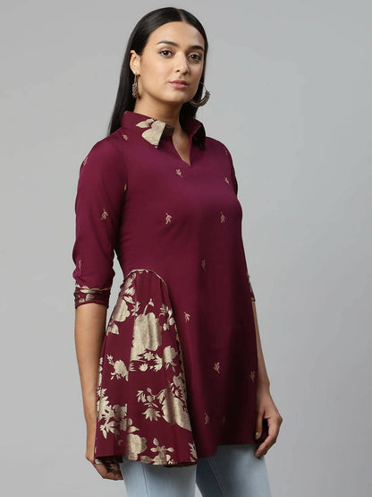 Ahalyaa Women Wine Crepe Printed Tunic
