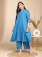 Janasya A-Line Jacquard Teal Self Design Band Collar Co-Ords
