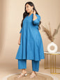 Janasya A-Line Jacquard Teal Self Design Band Collar Co-Ords