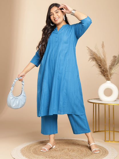 Janasya A-Line Jacquard Teal Self Design Band Collar Co-Ords
