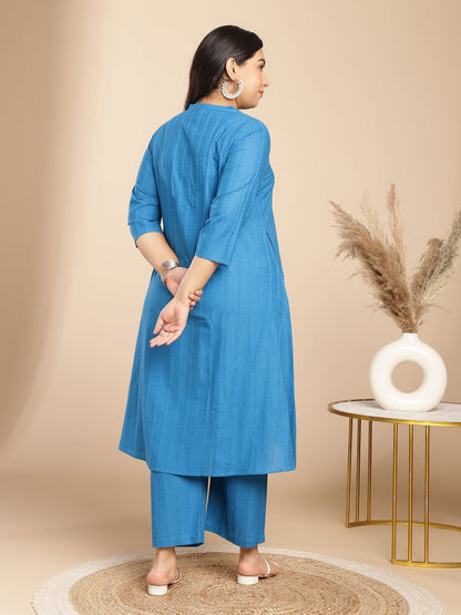 Janasya A-Line Jacquard Teal Self Design Band Collar Co-Ords