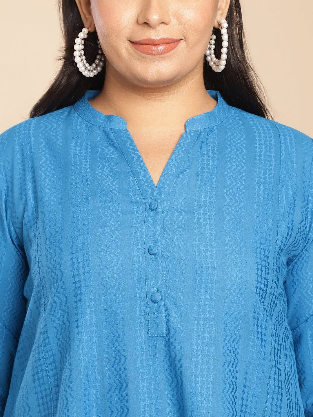Janasya A-Line Jacquard Teal Self Design Band Collar Co-Ords