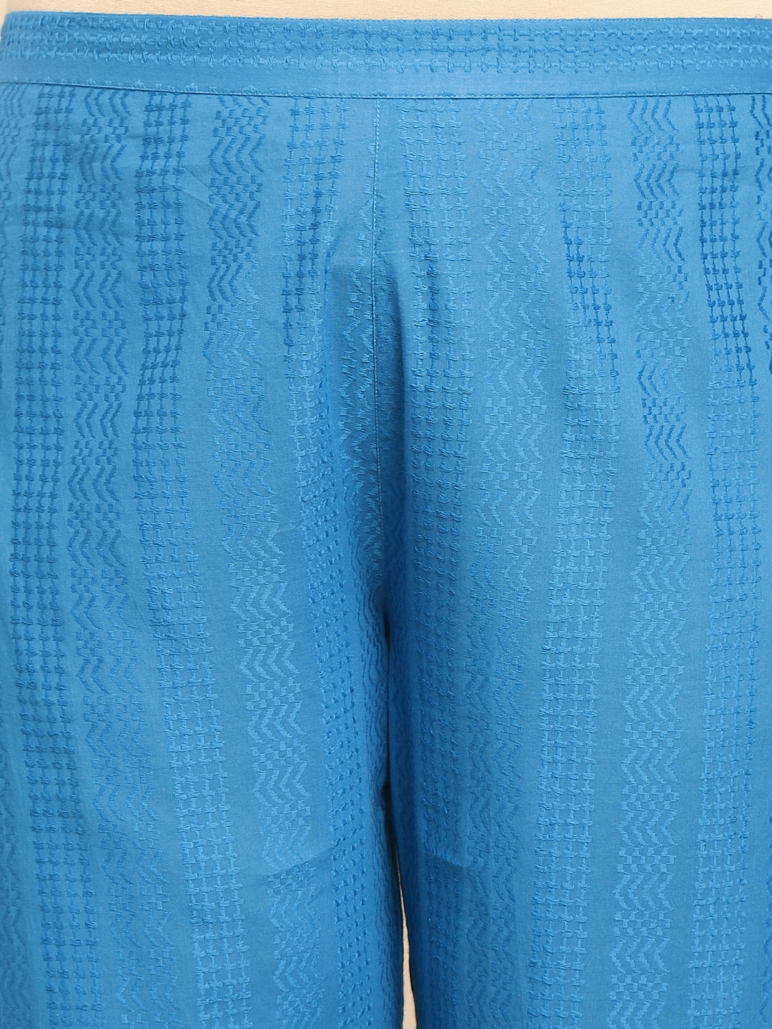 Janasya A-Line Jacquard Teal Self Design Band Collar Co-Ords