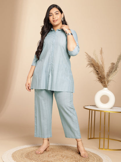 Janasya A-Line Jacquard Light Blue N/A Collar Co-Ords