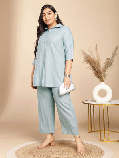 Janasya A-Line Jacquard Light Blue N/A Collar Co-Ords
