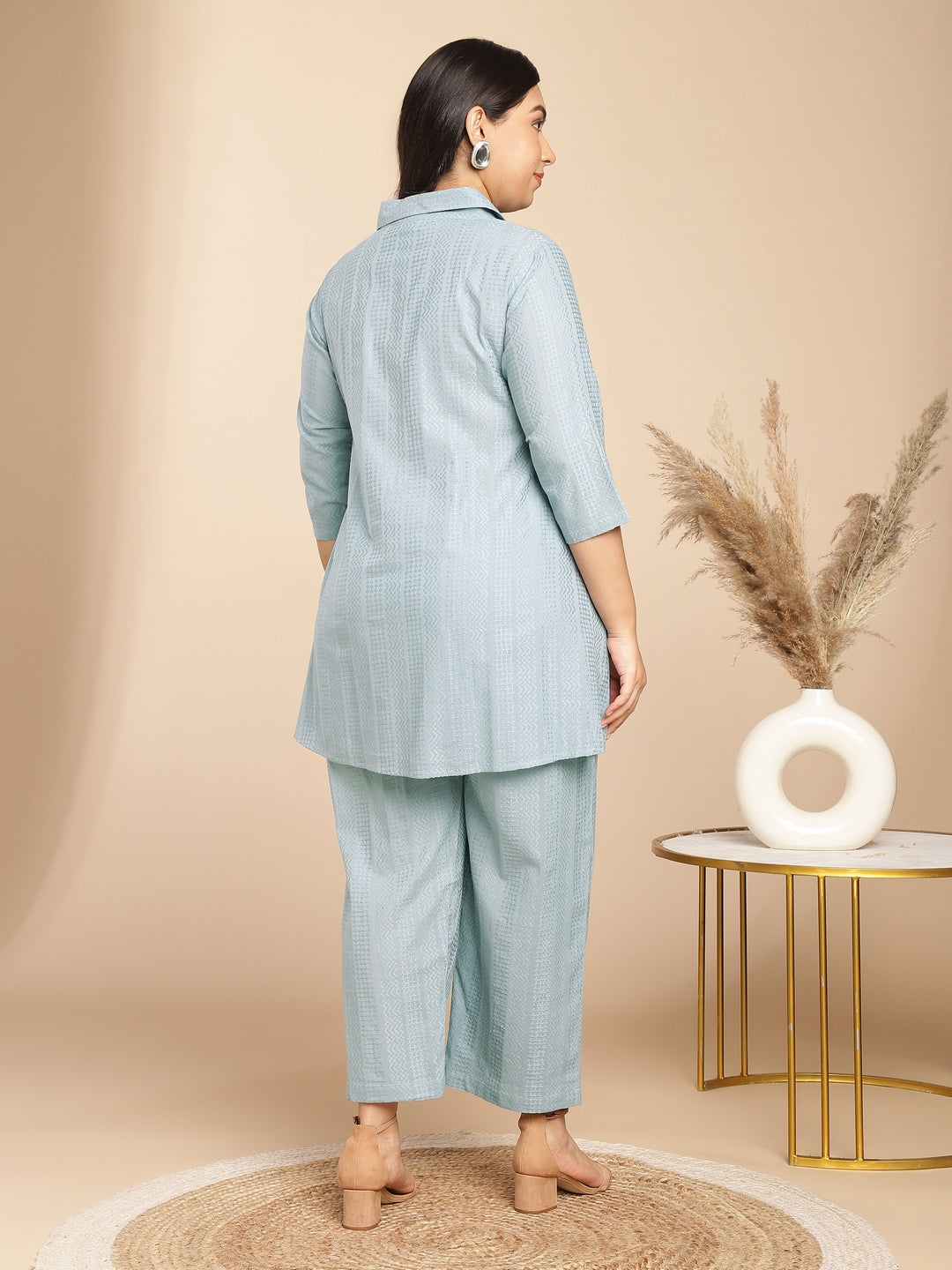 Janasya A-Line Jacquard Light Blue N/A Collar Co-Ords