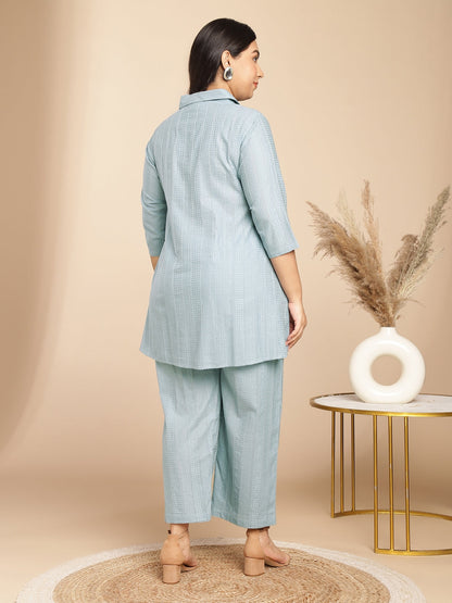 Janasya A-Line Jacquard Light Blue N/A Collar Co-Ords