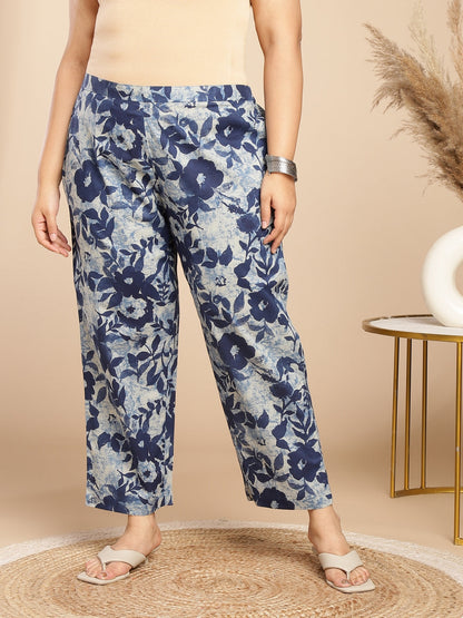 Janasya Dark Cotton Floral A-Line Top & Bottom Set