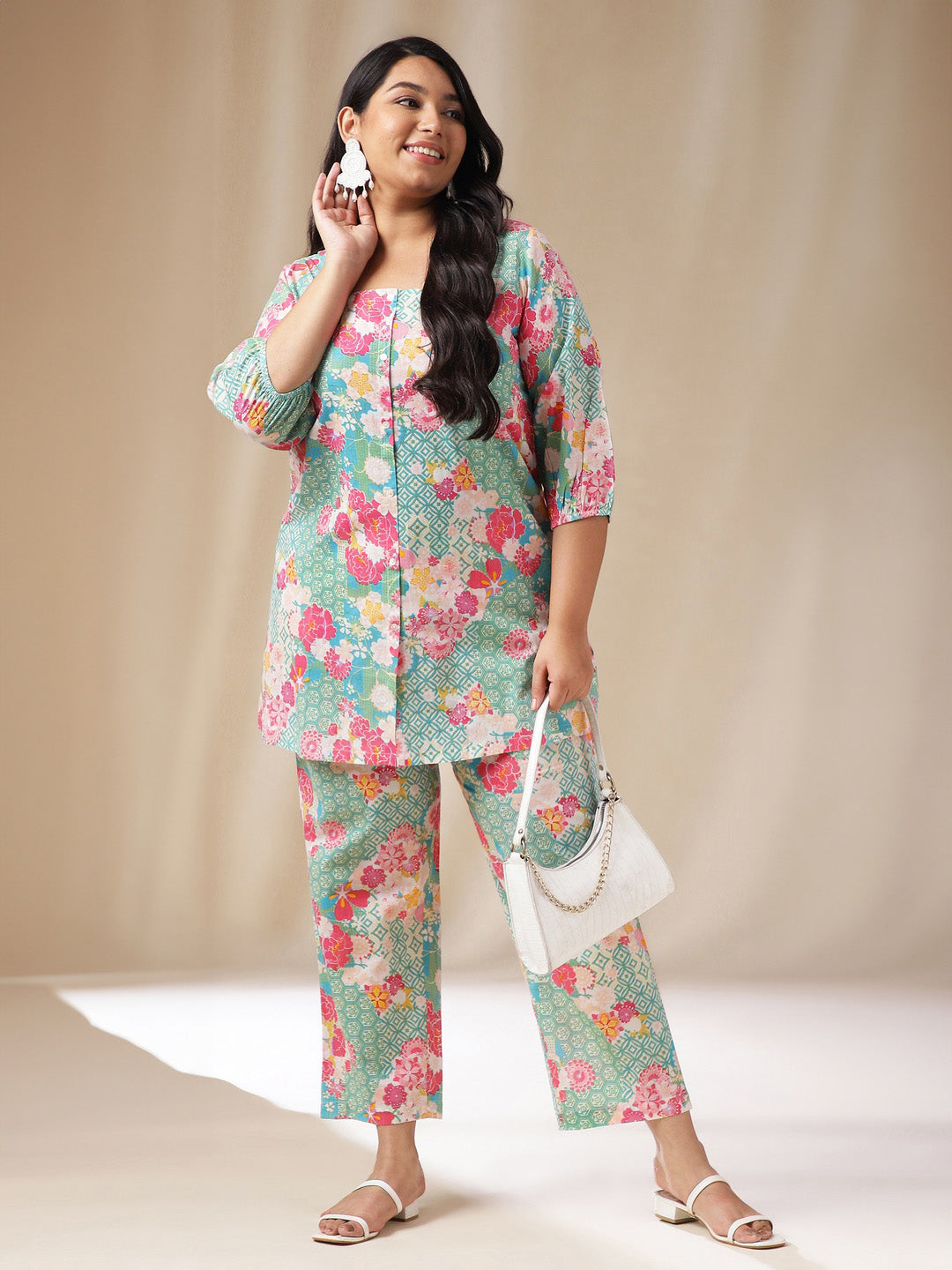 Janasya A-Line Cambric Aqua Ethnic Motifs Square Neck Co-Ords
