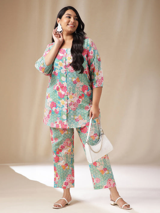Janasya A-Line Cambric Aqua Ethnic Motifs Square Neck Co-Ords