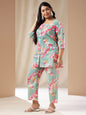 Janasya A-Line Cambric Aqua Ethnic Motifs Square Neck Co-Ords