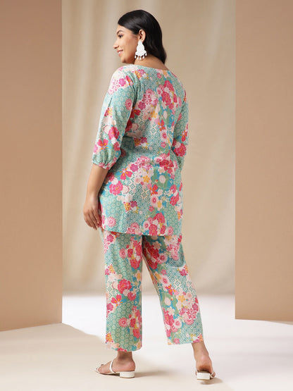 Janasya A-Line Cambric Aqua Ethnic Motifs Square Neck Co-Ords