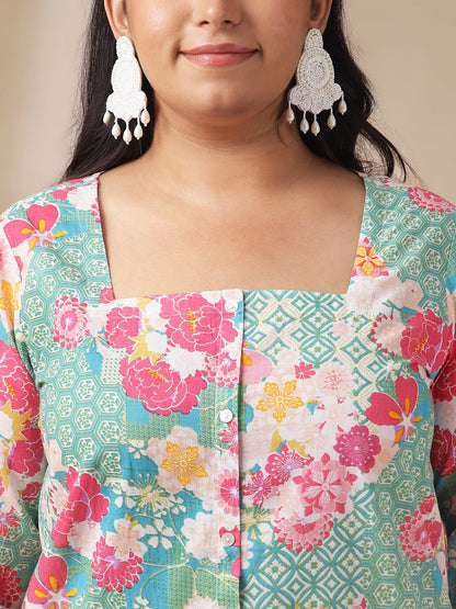 Janasya A-Line Cambric Aqua Ethnic Motifs Square Neck Co-Ords