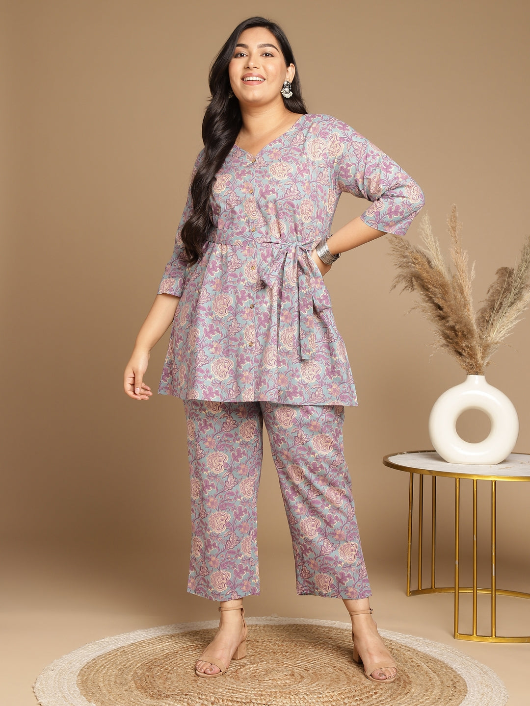 Janasya A-Line Cambric Grey - V-Neck Co-Ords