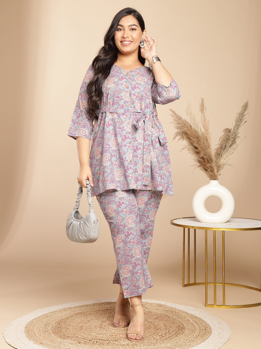 Janasya A-Line Cambric Grey - V-Neck Co-Ords