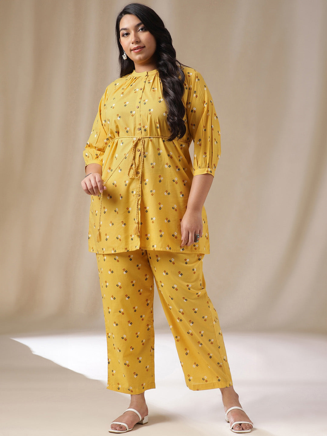 Janasya Regular Cambric Mustard Geometric Band Collar Co-Ords