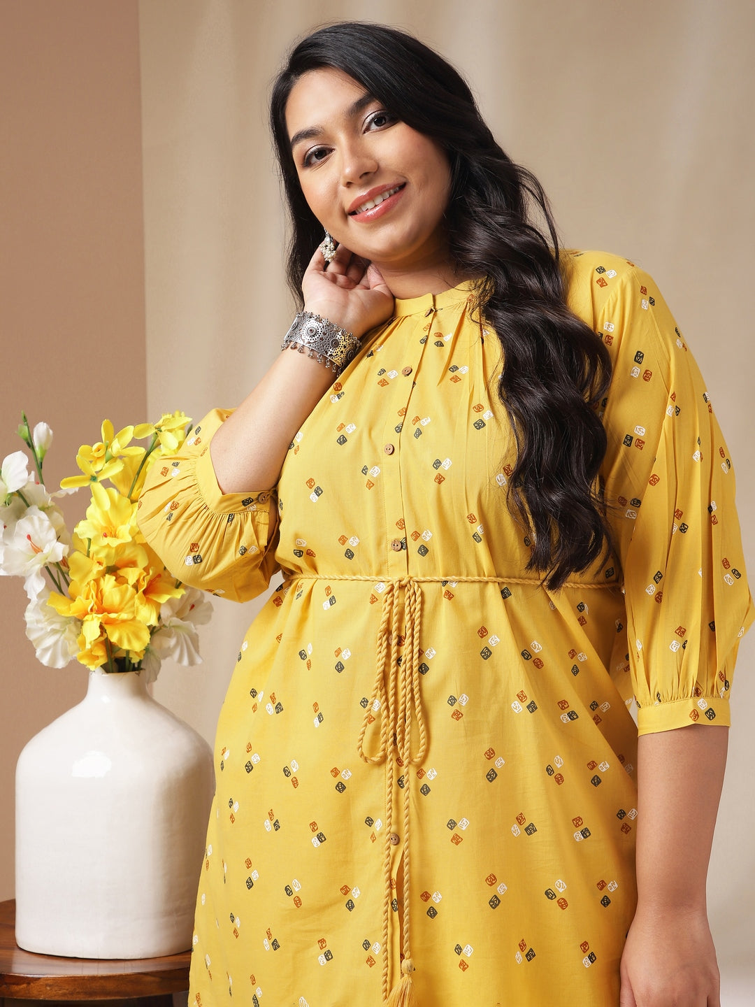 Janasya Regular Cambric Mustard Geometric Band Collar Co-Ords