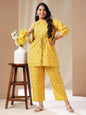 Janasya Regular Cambric Mustard Geometric Band Collar Co-Ords