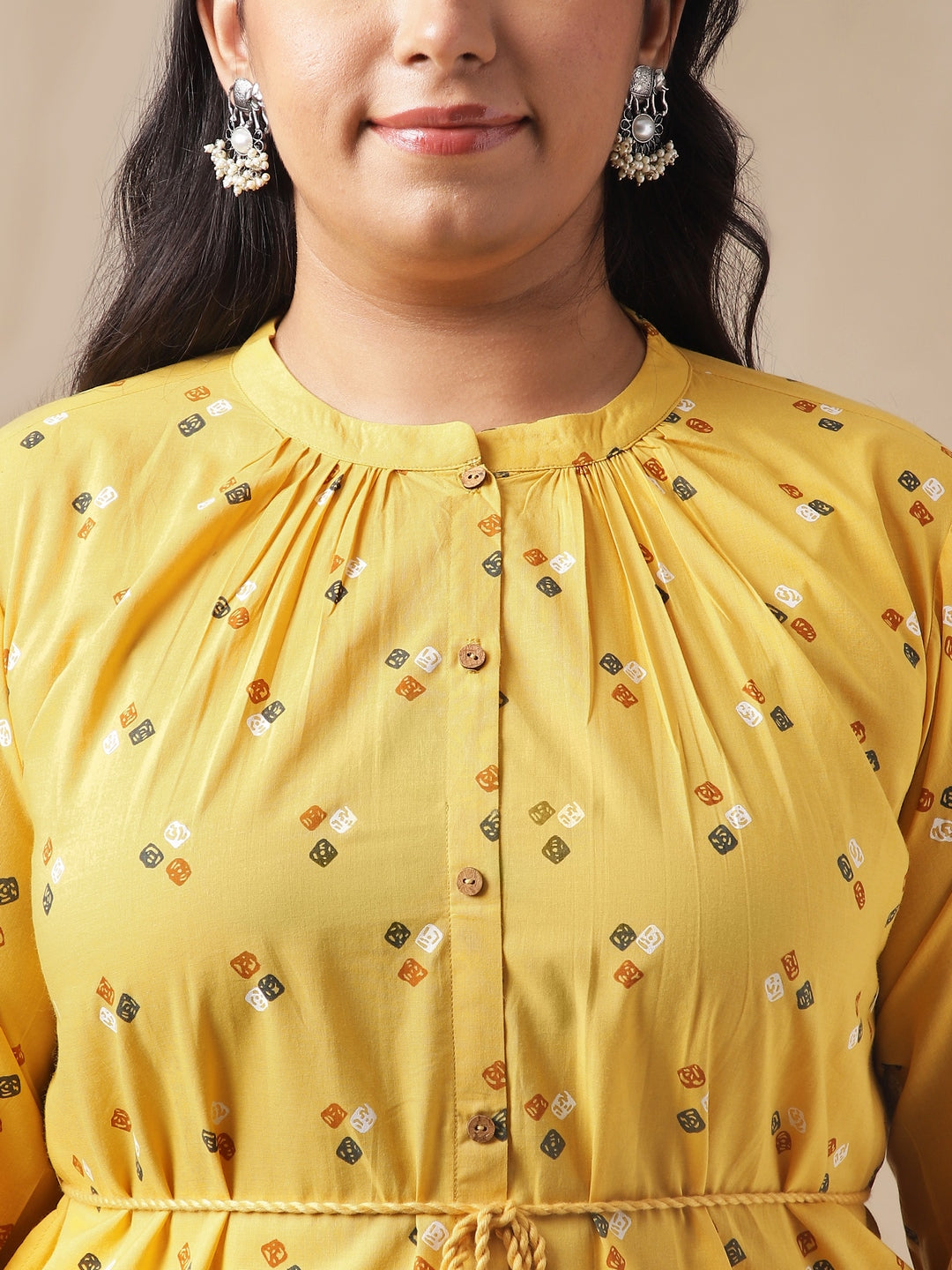 Janasya Regular Cambric Mustard Geometric Band Collar Co-Ords