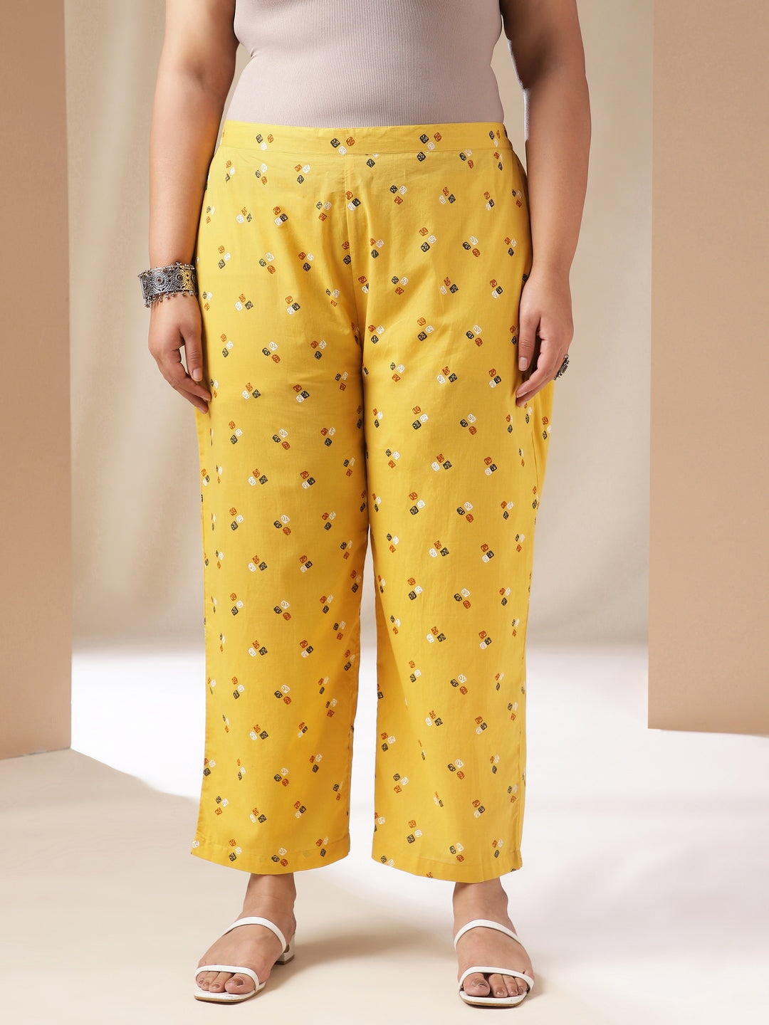 Janasya Regular Cambric Mustard Geometric Band Collar Co-Ords